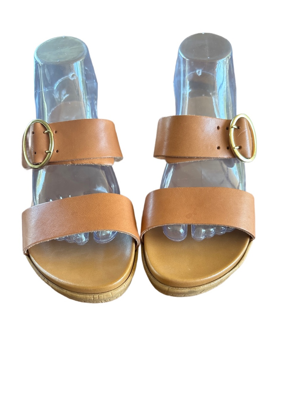 Mariella Women’s Tan Double-Strap Slide Sandals with Gold Buckle Accent